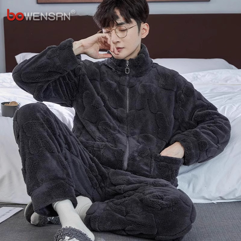 珊瑚绒睡衣套装男士秋冬季2025新款加绒加厚可外穿拉链家居服男款