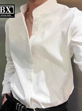 高级感新中式男士长袖衬衫男款2026新款春秋季白色华夫格立领衬衣