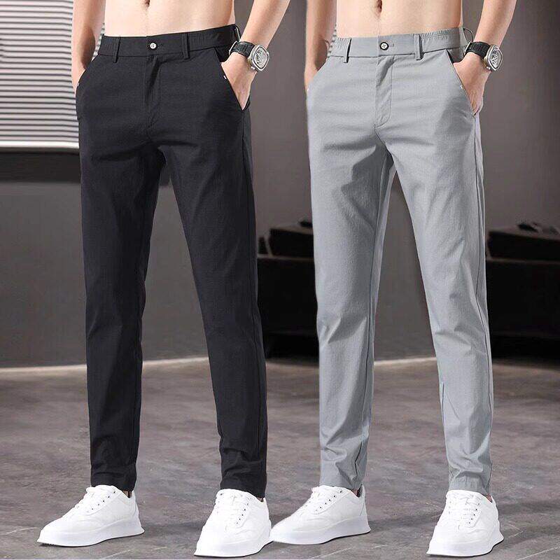 香港夏季薄款浅灰色休闲裤男士修身直筒速干透气商务冰丝九分裤子