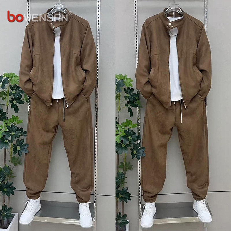 高级感麂皮绒夹克套装男士2025新款春秋冬季外套束脚裤两件套男款