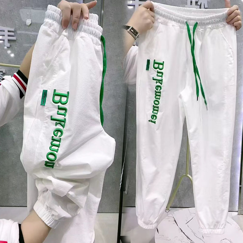 夏季新款冰丝休闲裤女束脚宽松显瘦哈伦裤彩色刺绣百搭九分灯笼裤