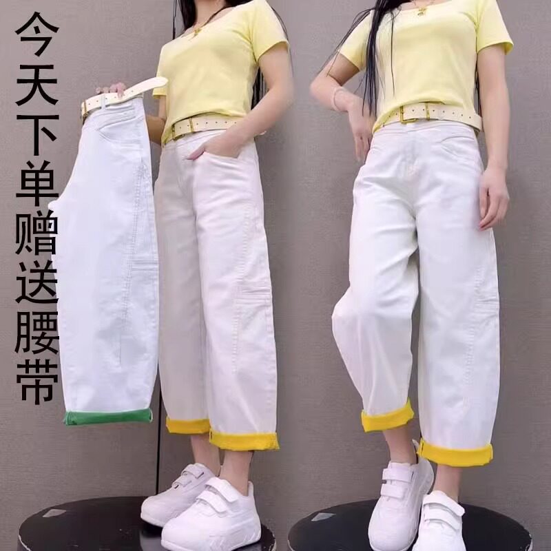 春季新款水洗牛仔裤挽脚时尚休闲裤宽松显瘦直筒九分裤洋气老爹裤