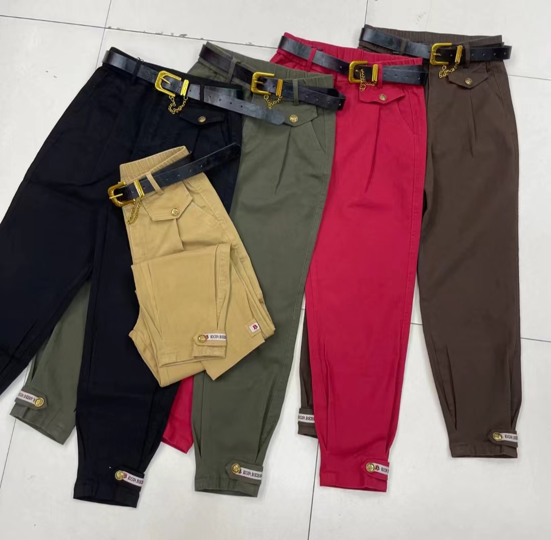 2023秋冬季牛仔棉腰带工装裤高腰显瘦女休闲裤个性束脚弹力哈伦裤