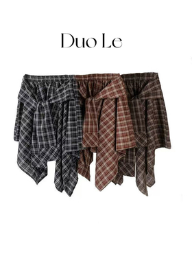 不规则格纹屁帘新款叠穿下摆半身裙一片式系带内搭女格子裙裤短裙