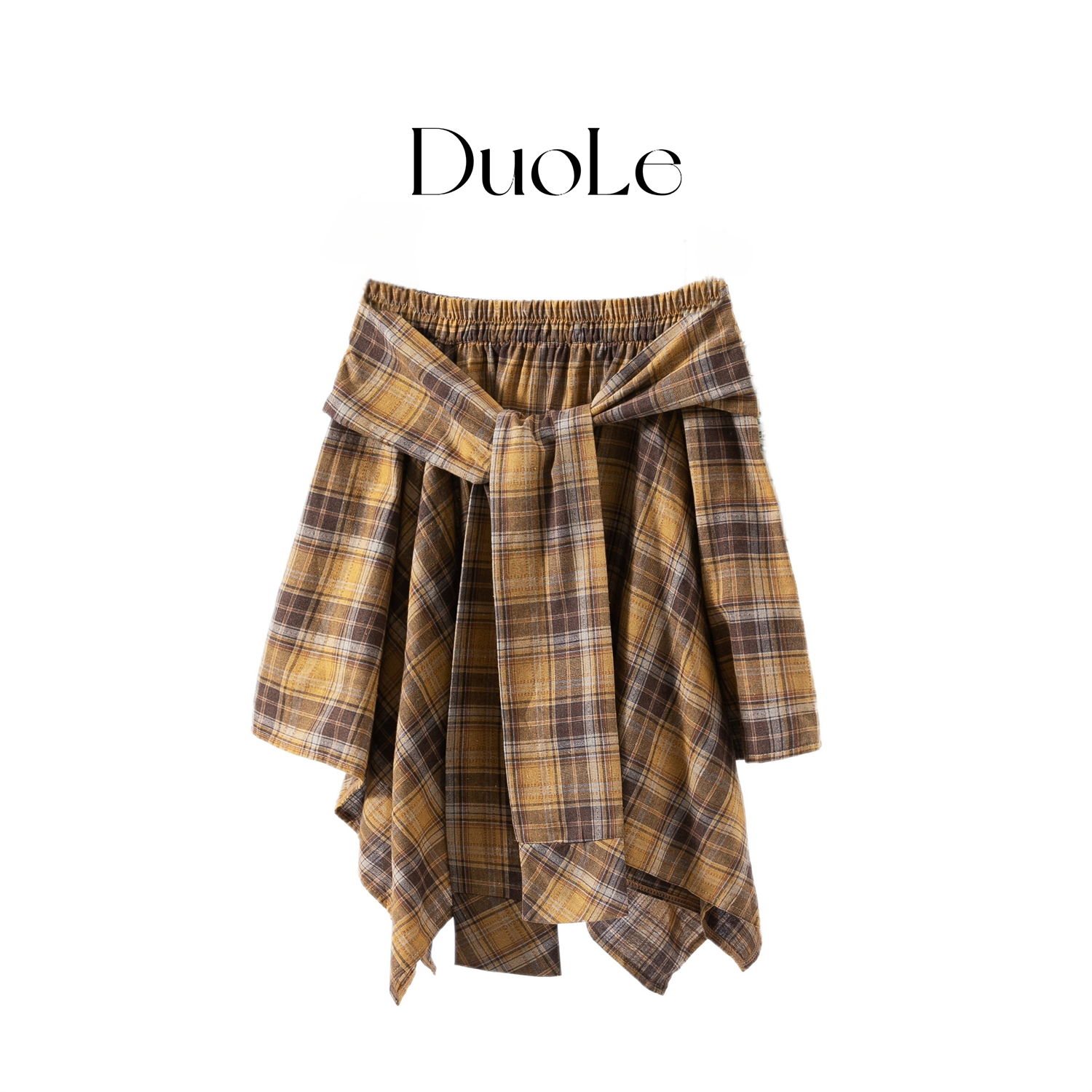 多乐自制黄色格子不规则半身裙