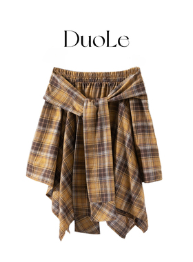 DUOLE多乐自制 黄色格子不规则半身裙屁帘叠穿神器设计感百搭下摆