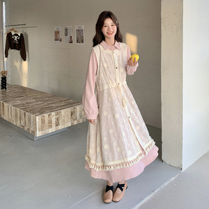 温柔系穿搭粉色连衣裙套装2025春季新款蕾丝罩衫叠穿衬衫裙两件套图片