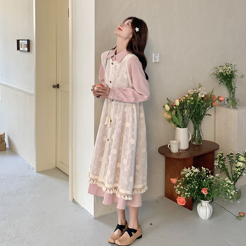 温柔系穿搭粉色连衣裙套装2025春季新款蕾丝罩衫叠穿衬衫裙两件套,女装连衣裙,2C251