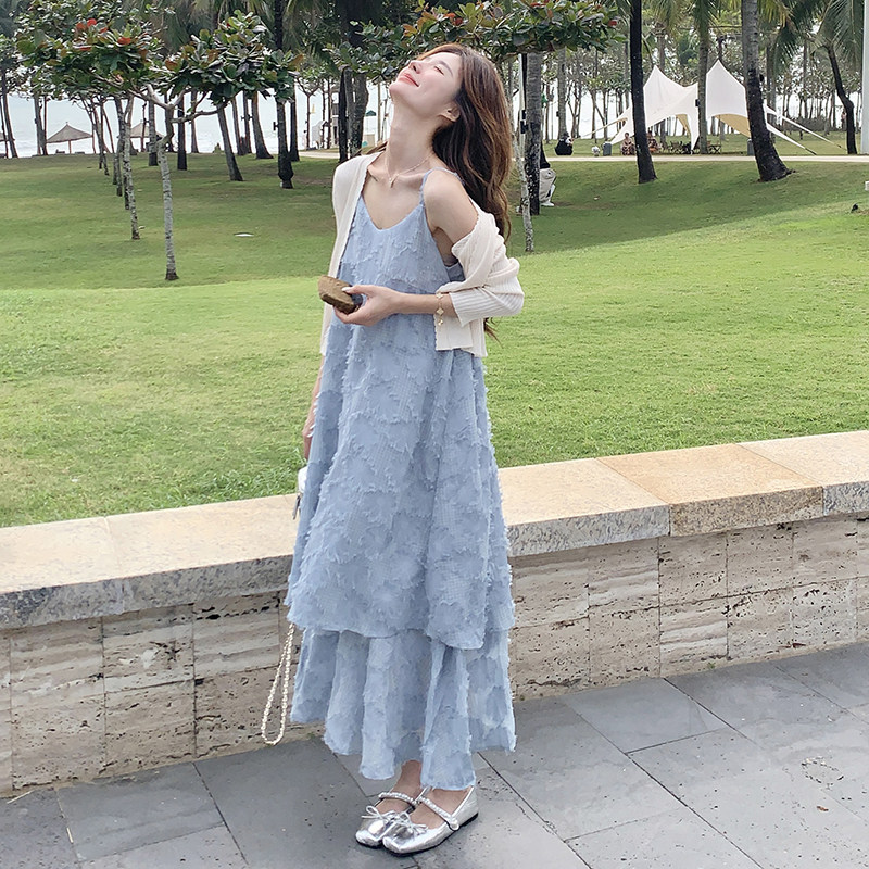 针织罩衫流苏吊带连衣裙套装女春装新款超好看海边度假长裙两件套,女装套装/套裙,2C251