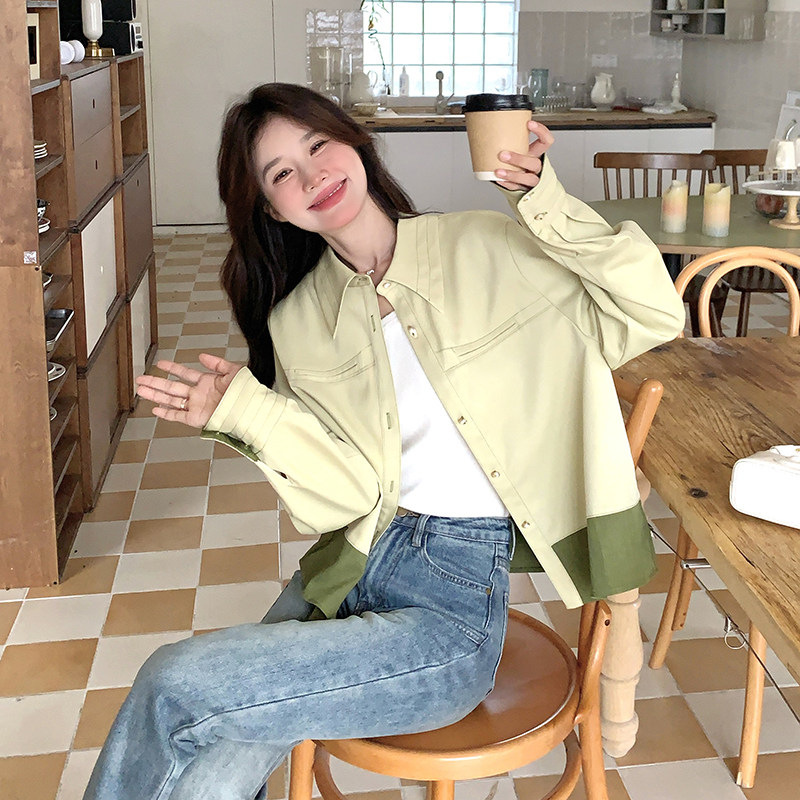 外套女春秋2025新款撞色拼接小清新翻领高级感休闲超好看夹克上衣,女装短外套,2C251