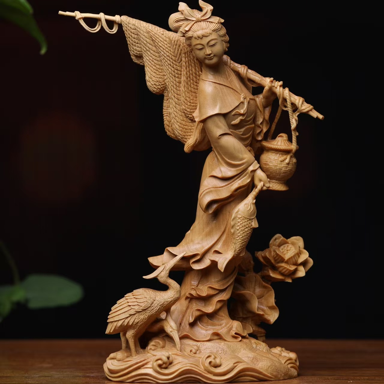 黄杨木雕手把件人物美女渔归实木手工雕刻中式家居装饰工艺品摆件