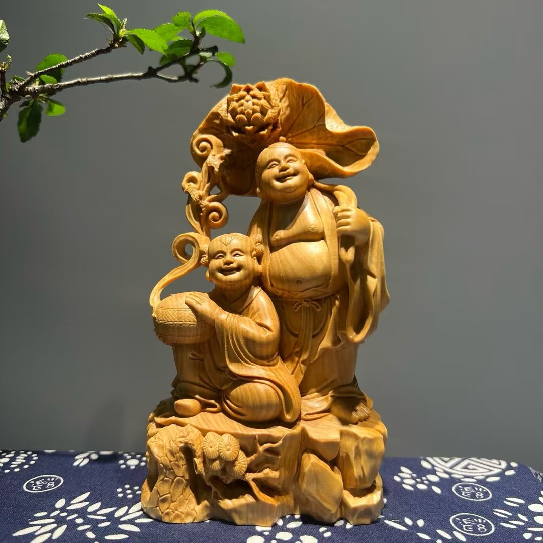 小叶黄杨木精雕合和艺术二仙佛像摆件家居装饰品实木工艺品图片