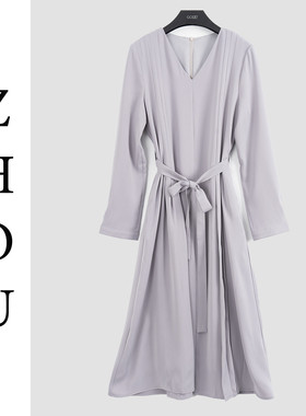 灰色长袖气质连衣裙-20262