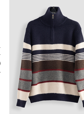 藏蓝条气质秋冬拉链针织衫-18858