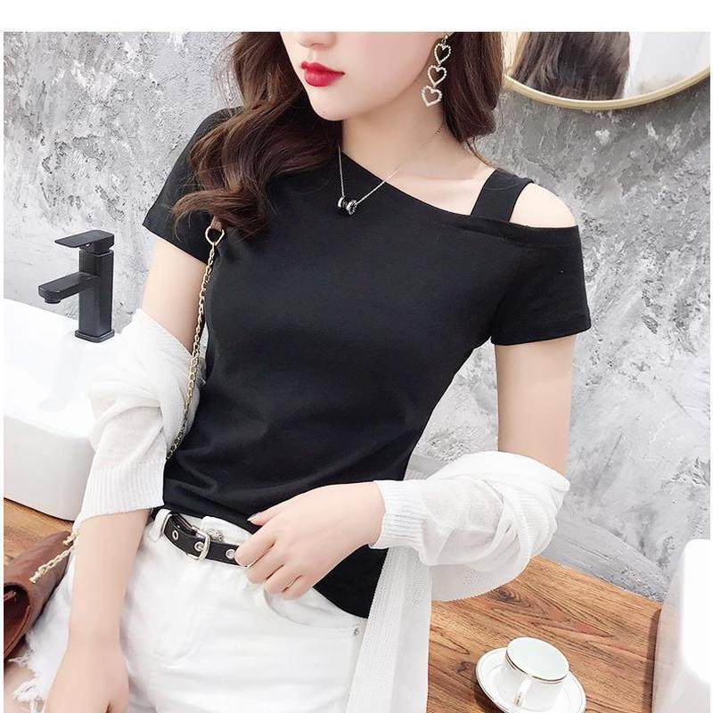 2025年夏季新款韩版修身棉短袖t恤女百搭洋气性感斜领露肩上衣,女装/女士精品,T恤,淘宝优惠券,粉丝福利购,淘宝优惠卷