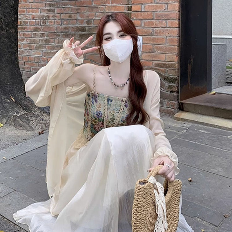 法式复古油画碎花吊带背心防晒衫外搭开衫半身长裙女春季2025新款