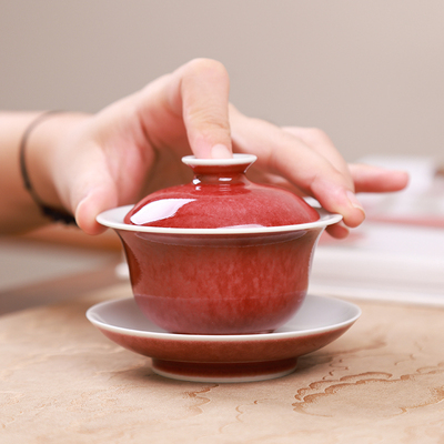 沐茗窑豇豆红釉三才盖碗单个小号