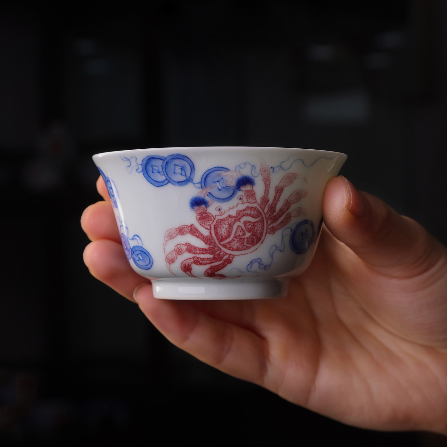 沐茗古韵青花釉里红八方来财如意杯景德镇纯手工手绘螃蟹主人杯子