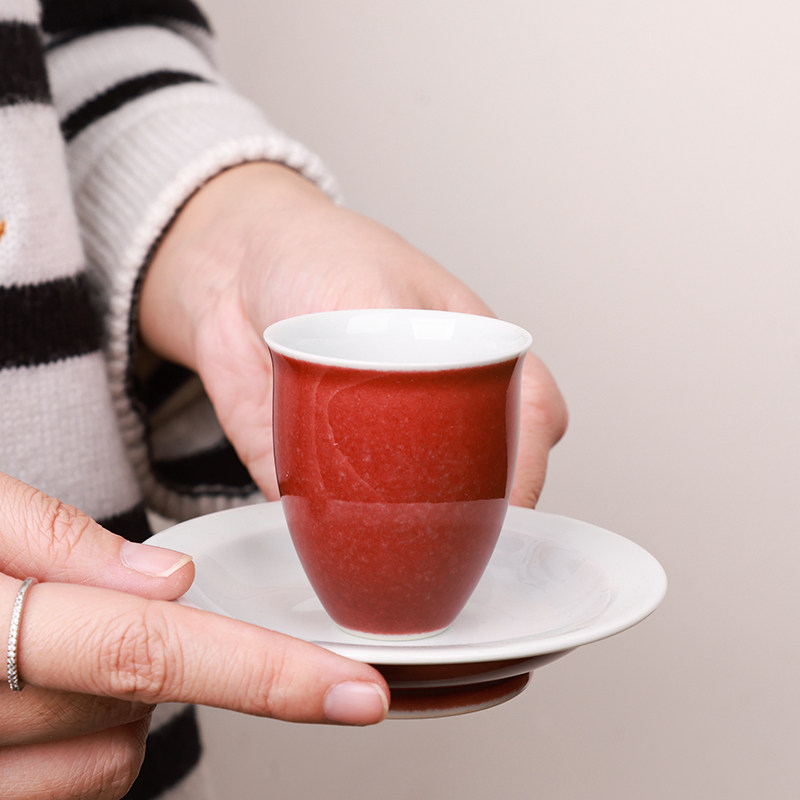 沐茗窑纯手工复古豇豆红釉茶杯托