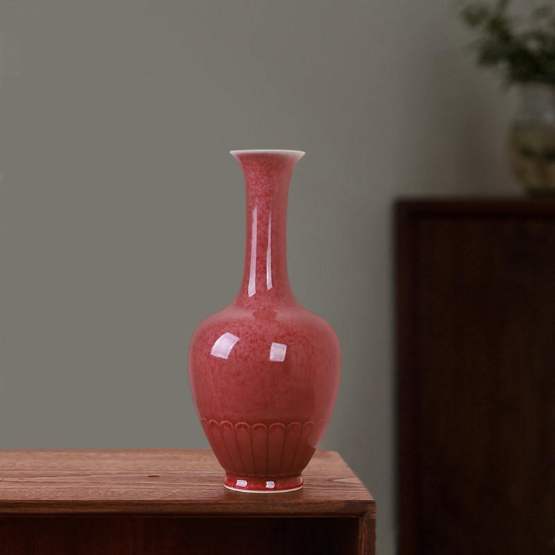 沐茗窑仿古原矿釉豇豆红菊瓣瓶景德镇纯手工文房摆件用品陶瓷花瓶