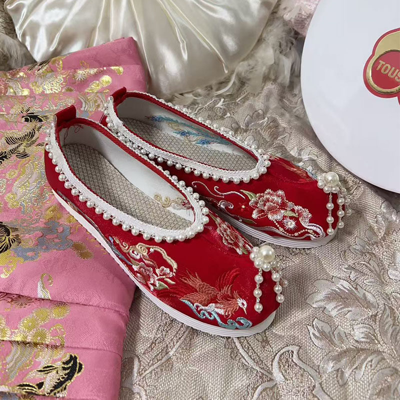汉服鞋子女秀禾婚鞋古风布鞋珍高珠翘头鞋弓鞋内增高古装新娘结婚
