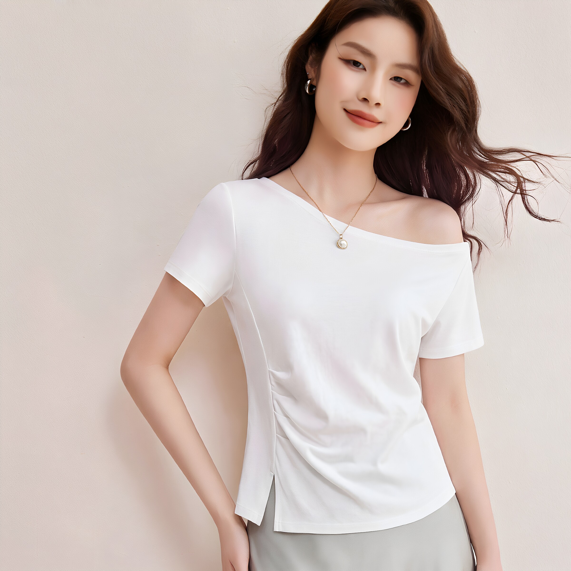 船领褶皱显瘦莫代尔短袖T恤女