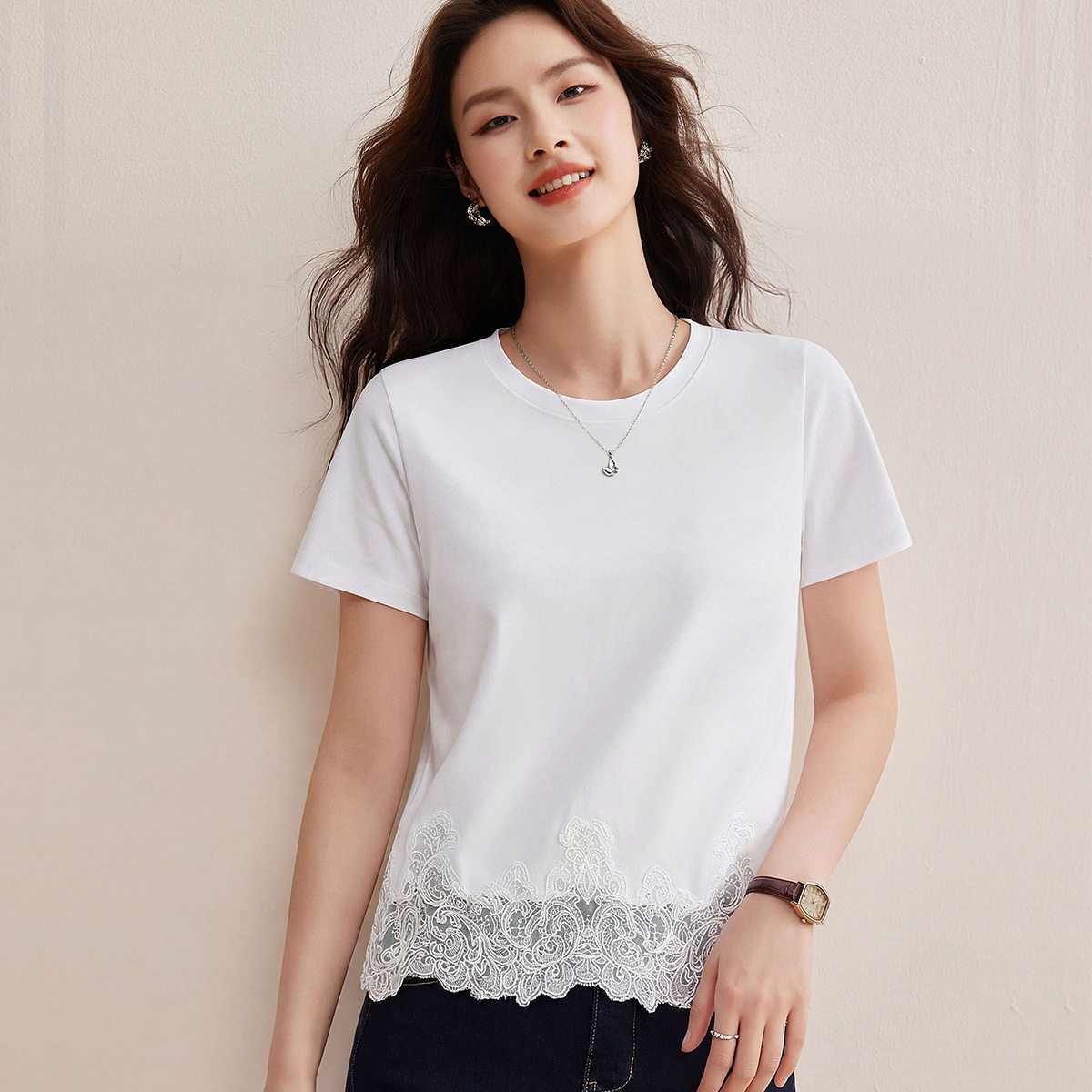 云柔亲肤长绒棉蕾丝短袖T恤女