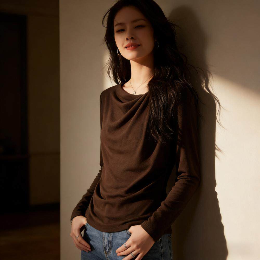 设计感2026春季新款斜荡领遮肚子收腰显瘦T恤女洋气修身长袖上衣