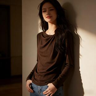 设计感2026春季新款斜荡领遮肚子收腰显瘦T恤女洋气修身长袖上衣