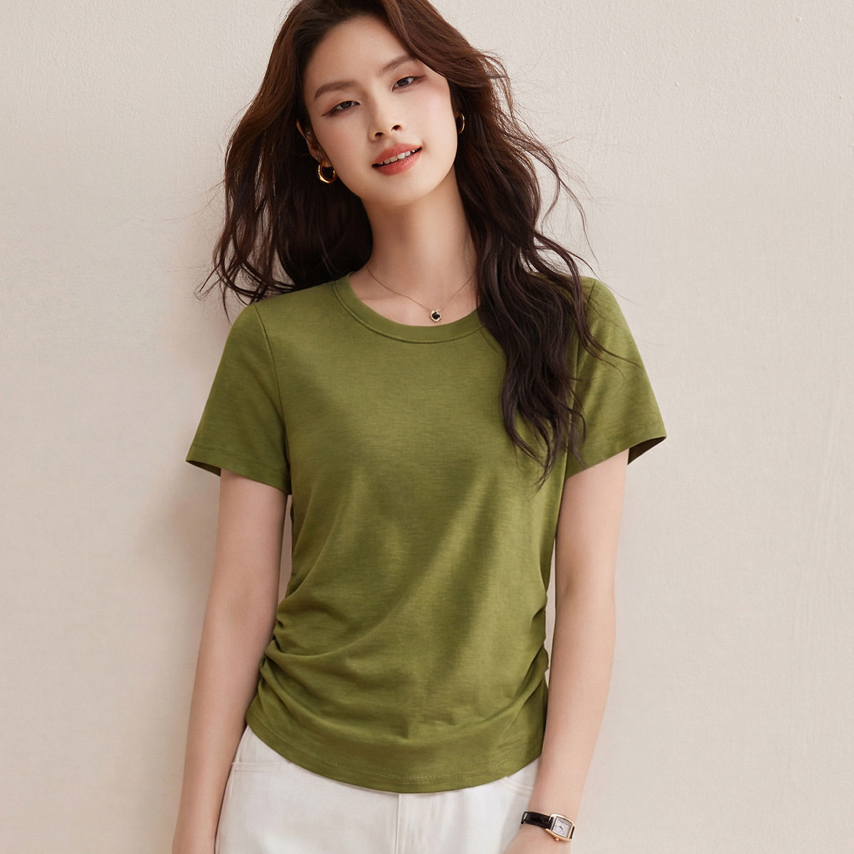 兰精莫代尔显瘦褶皱收腰T恤女