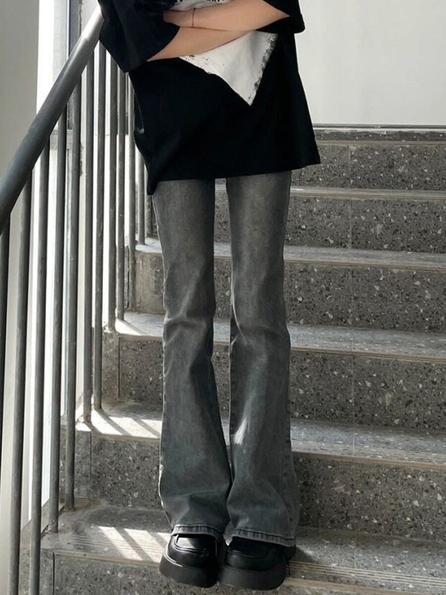 2024 뉴 아메리칸 하이 스트리트 레트로 스모키 그레이 나팔바지 여성용 플러스 사이즈 지방 MM 가을 겨울 플러스 벨벳 부츠컷 청바지