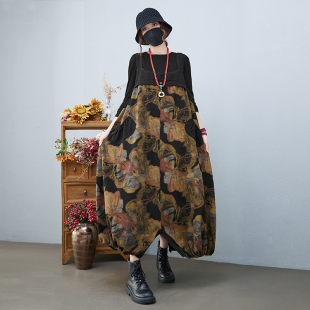 牛仔印花连衣裙春夏装大码女裤胖妹妹宽松显瘦遮肉背带裤裙两穿