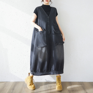 胖mm宽松显瘦遮肉复古风中长款 春夏季 女装 大码 V领牛仔背心裙 新款