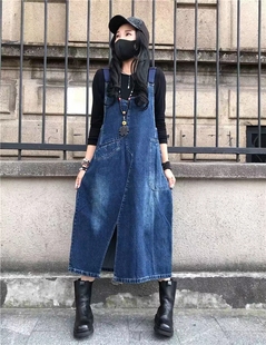 胖mm宽松显瘦遮肉洋气减龄背带裙 女装 春夏新款 牛仔背带连衣裙大码