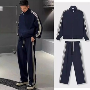 秋冬三条杠加绒套装男韩版潮流帅气运动两件套情侣款休闲卫衣卫裤