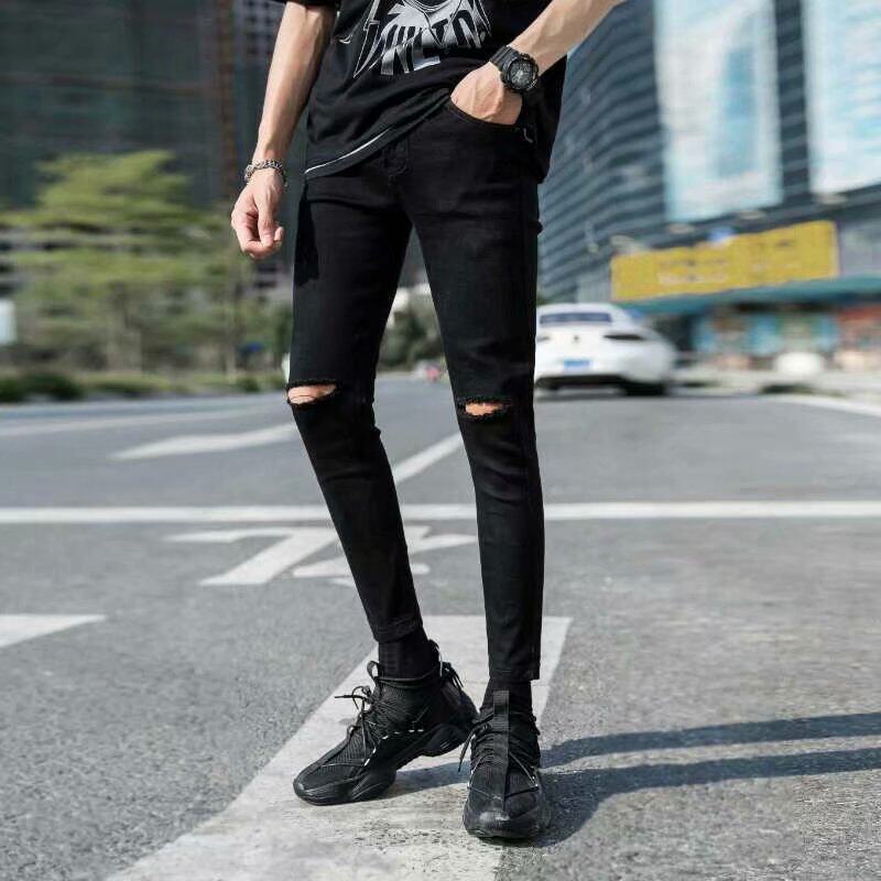 破洞黑色膝盖紧身裤子华晨宇同款图片