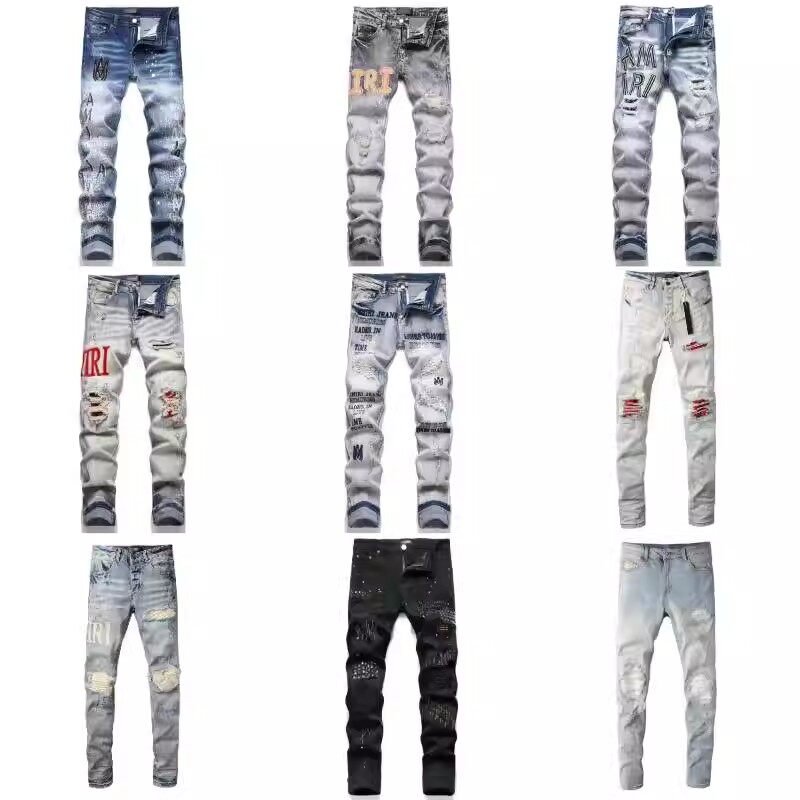 AM破洞贴布刺绣牛仔裤男士潮流补丁修身小脚潮牌弹力个性长裤子