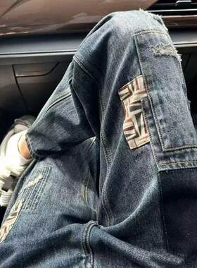 美式复古牛仔裤男潮牌痞帅宽松小直筒长裤子时尚新款潮流锥形裤子