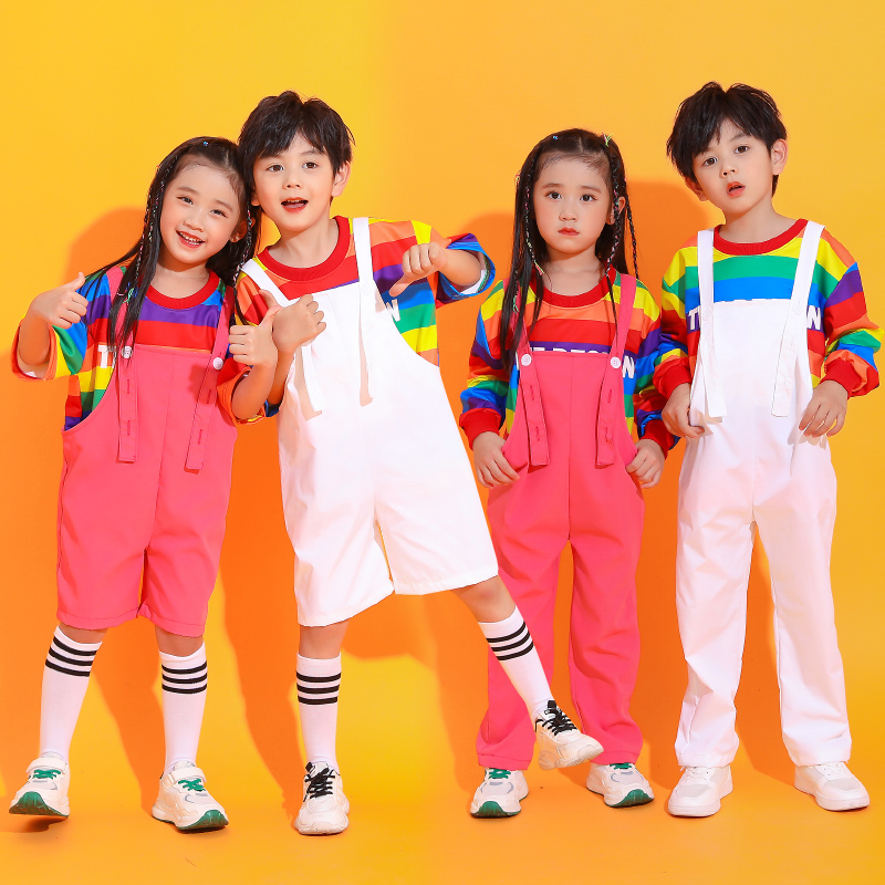 元旦儿童啦啦队彩条背带裤演出服街舞小学生啦啦操比赛运动会服装