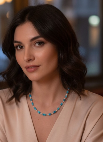 天然欧泊4-5mm蓝色系火彩佳淡水珍珠设计款项链42+5