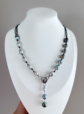 天然海水大溪地真多麻灰色系AB款渐变珍珠项链Y字链 吊坠可拆卸