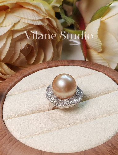 天然海水饱满圆珠南洋金珠大点位近14mm纯银围锆纯银戒指