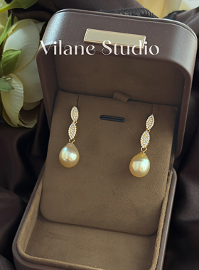 海水金珠浅金色亮10-11水滴长款耳环耳线S925纯银长3cm