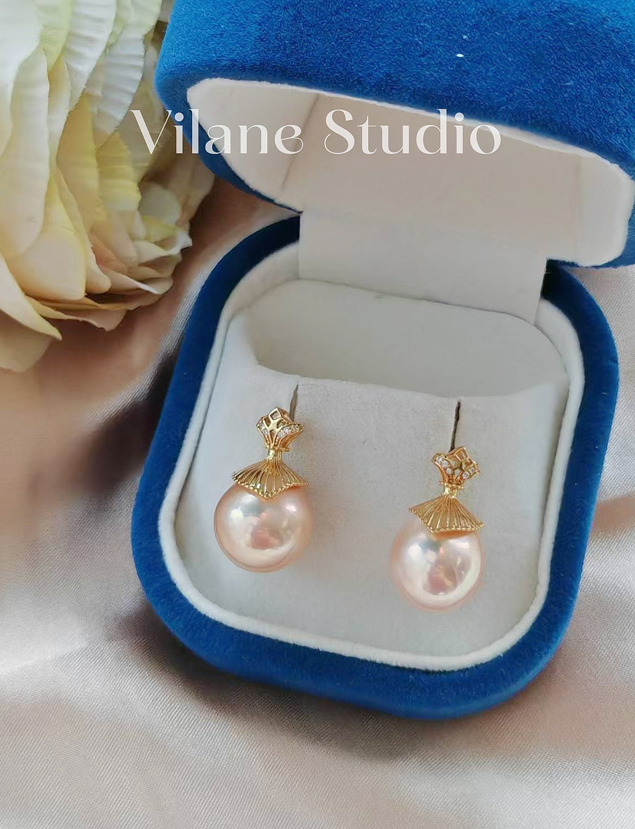 金粉色13-14镜面光纯银耳钉淡水珍珠圆巴洛克