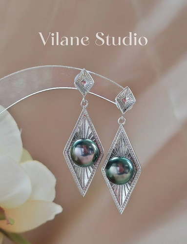 海水大溪地绿皮紫心色卡级近9mm纯银长款菱形修饰脸型纯银耳钉