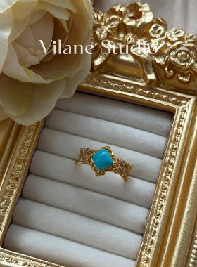 重工厚银镀18k金天然湖北原矿绿松石蓝松方块菱形纯银开口戒指