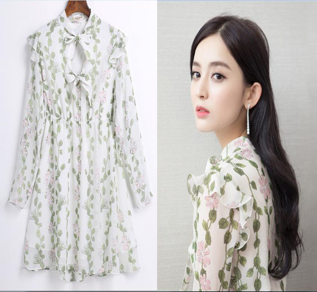娜扎柏芝同款春秋花色雪纺印花小清新显瘦淑女连衣裙