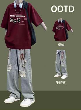 夏季青少年短袖纯棉印花T恤休闲运动套装韩版痞帅宽松百搭牛仔裤