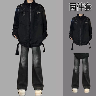 牛仔外套男款秋季美式潮流宽松运动一套衣服帅气百搭套装休闲夹克