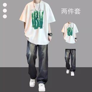 男T恤纯棉休闲运动套装男士个性长裤帅气男士潮流半袖ins百搭休闲